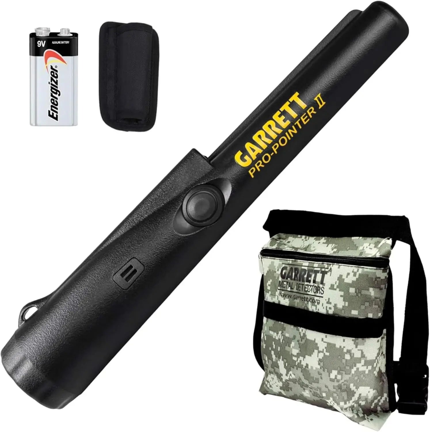 Garrett Pro-Pointer II pinpointer with 9V Energizer battery, black holster, and camo carry bag.