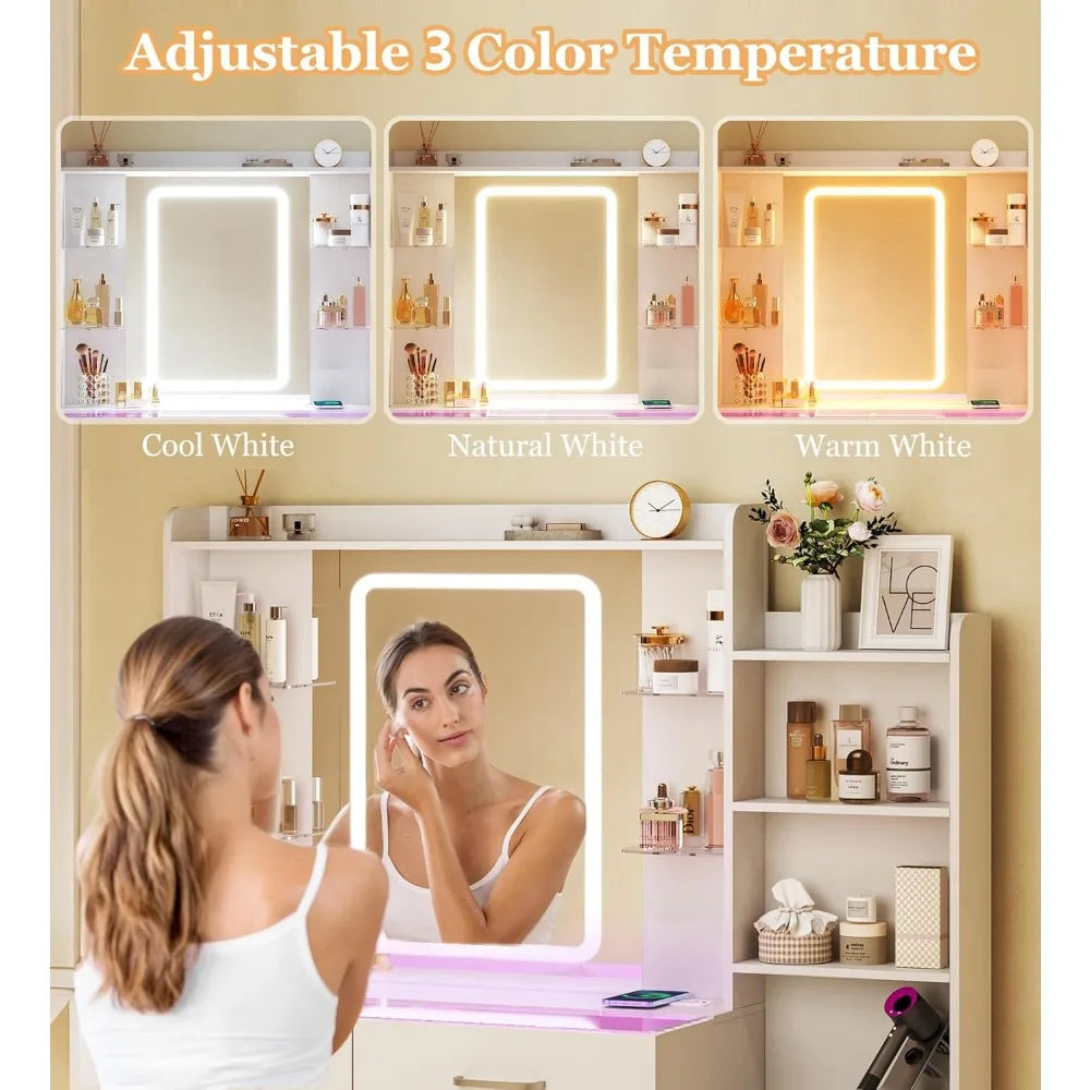 Glass Top Vanity Desk With LED Mirror And Wireless Charging by S And B Enterprise