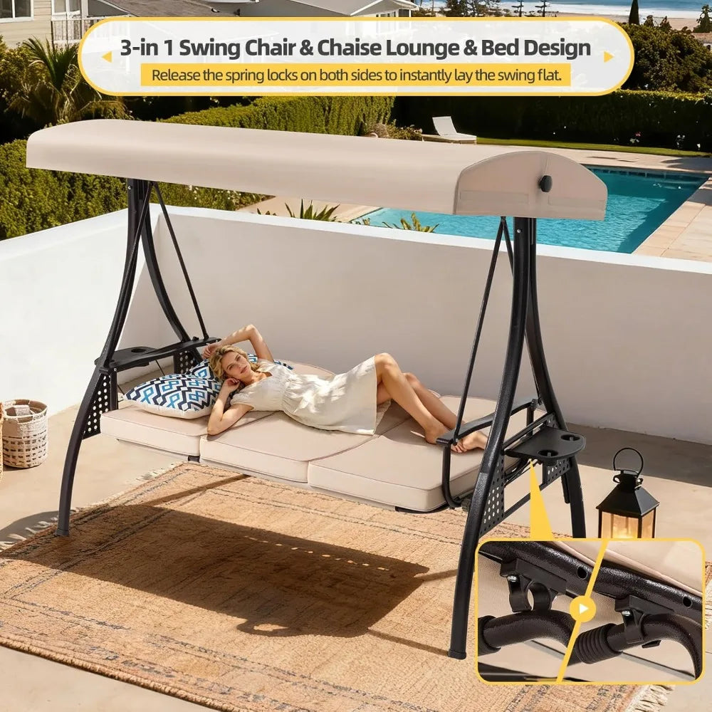 3 Seat Outdoor Porch Patio Swing with Adjustable Canopy& 7-Level Side Seat,Outdoor Swing for Adults,3 in 1, Customized by S And B Enterprise