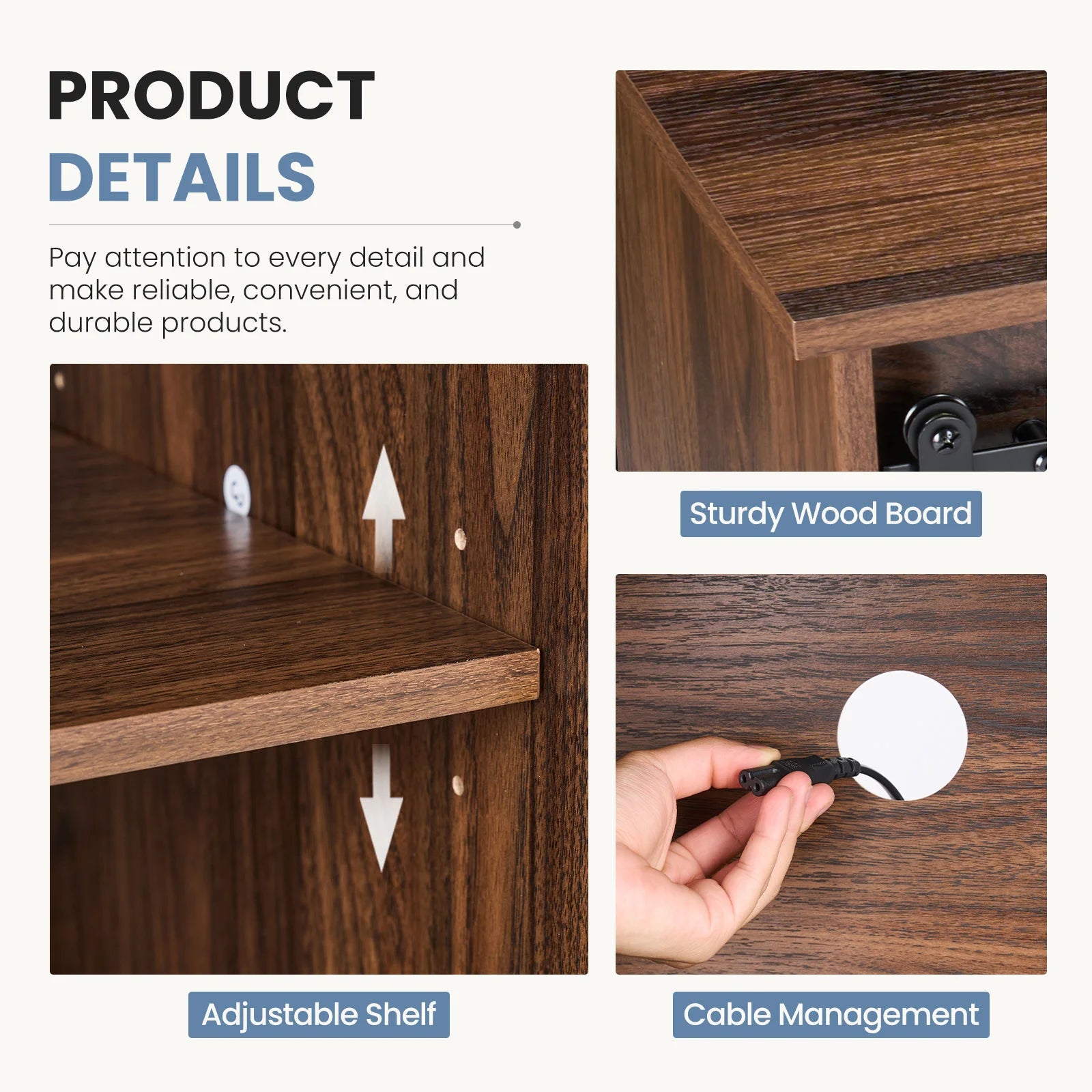 MCQ wood storage cabinet for living room in dark wood finish; adjustable shelves and cable management for TV stand.