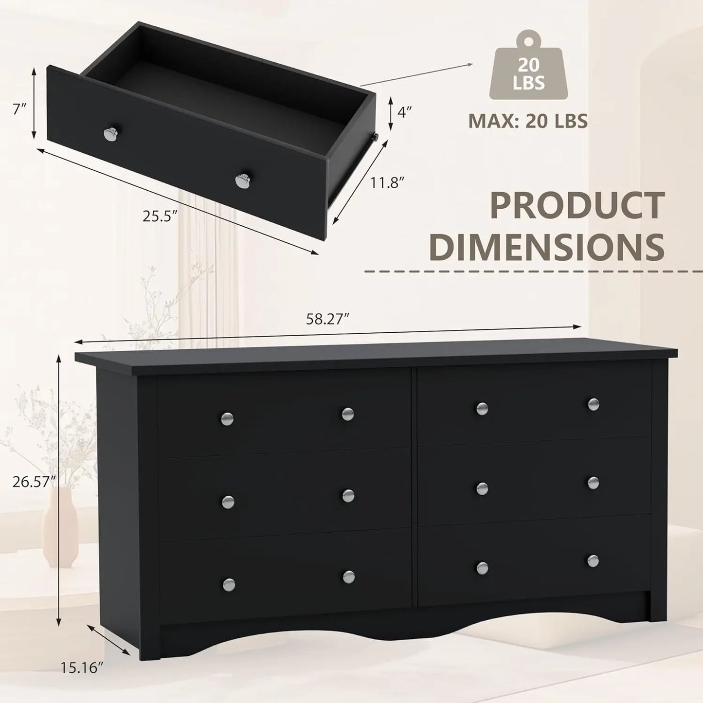 Six-Drawer Wood Dresser For Bedroom Hallway Storage And Organization