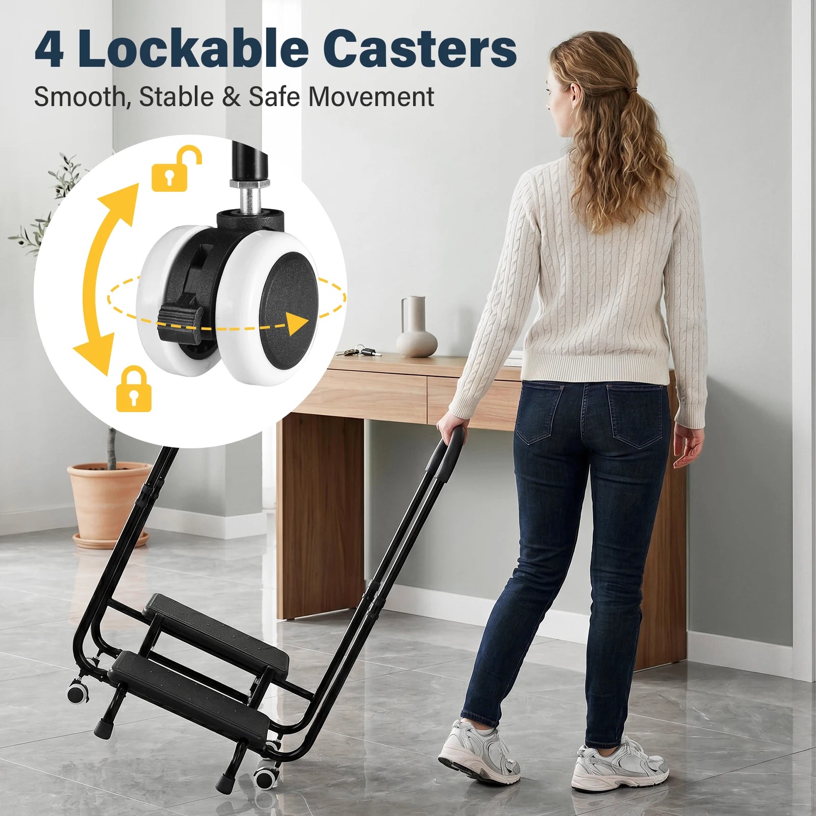 2-step foldable handrail stool with black metal frame and non-slip feet for adults