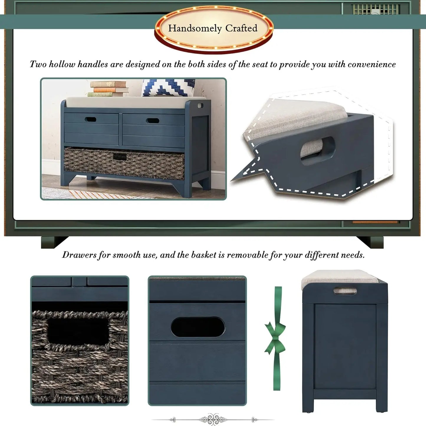 Upholstered Storage Bench for Entryway, Wood Storage Ottoman with Removable Basket and 2 Drawers, Farmhouse Shoe, Customized