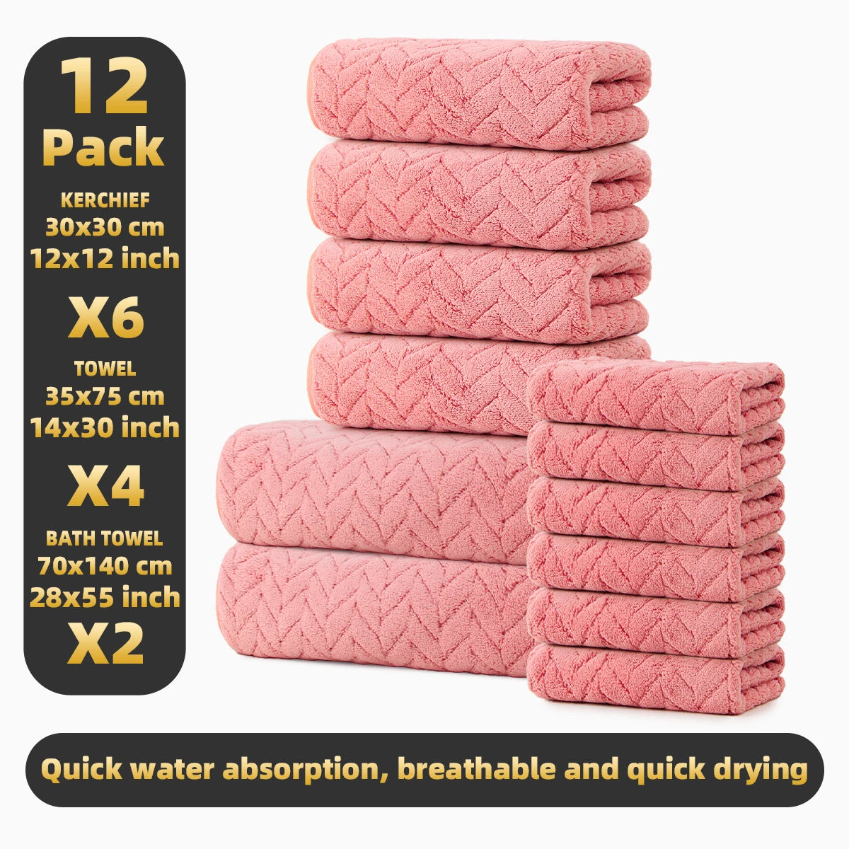 12-Piece Pink Towel Set by S And B Enterprise: 2 bath, 4 hand, 6 face towels; soft, absorbent, quick drying.