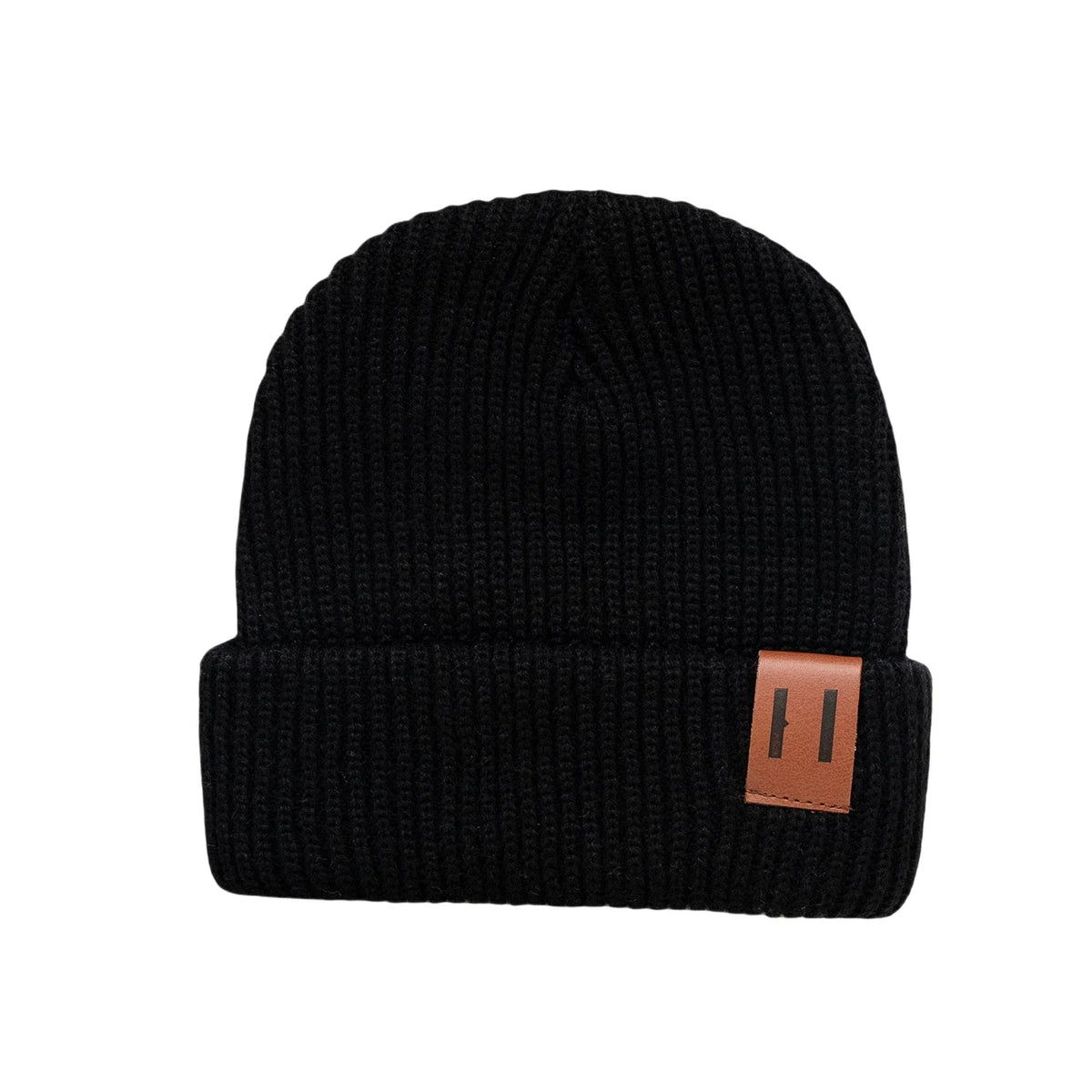 Black knit baby beanie hat with folded cuff and brown leather patch from S And B Enterprise