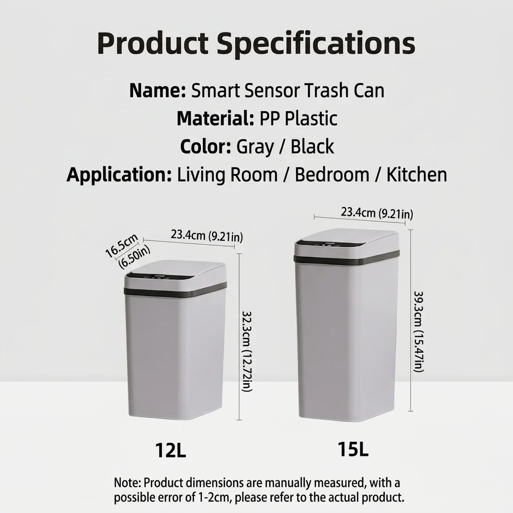 2-pack smart sensor trash cans, gray with black lids (12L & 15L) by S And B Enterprise.
