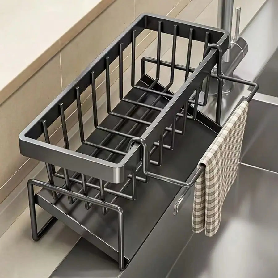 S And B Enterprise stainless steel draining sponge shelf with towel rack for sink; slope design drains water