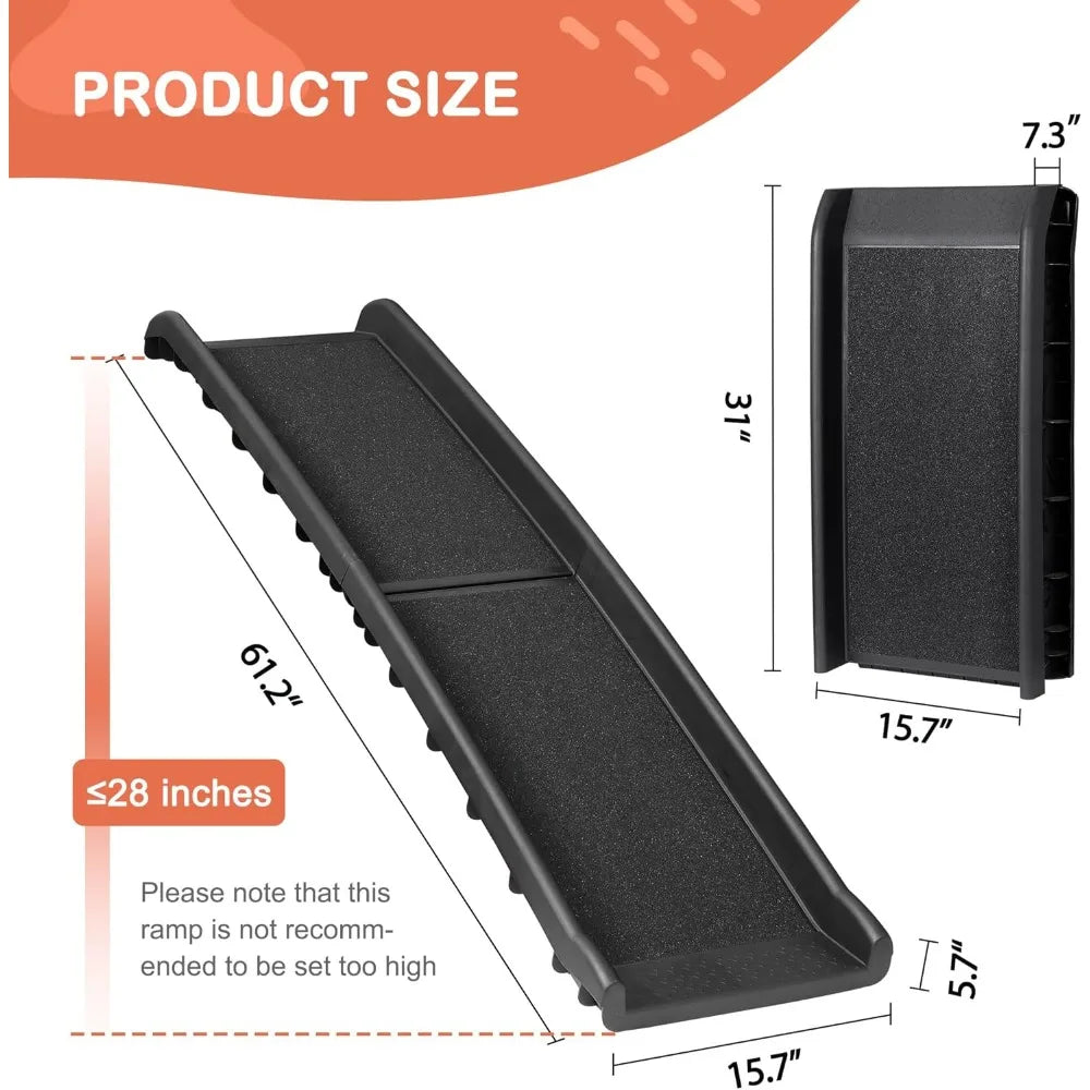 Folding black dog ramp by S And B Enterprise for cars and SUVs, 62-inch non-slip ramp with raised siderails.