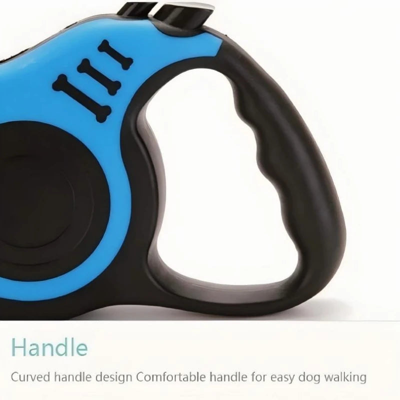 Retractable dog leash by S And B Enterprise; blue and black curved handle with comfort grip