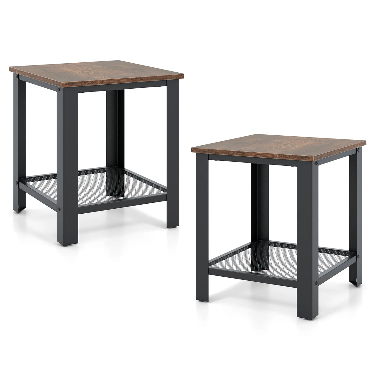 2-piece industrial end table set with storage shelf; dark gray metal frames, brown wood tops, mesh lower shelf.