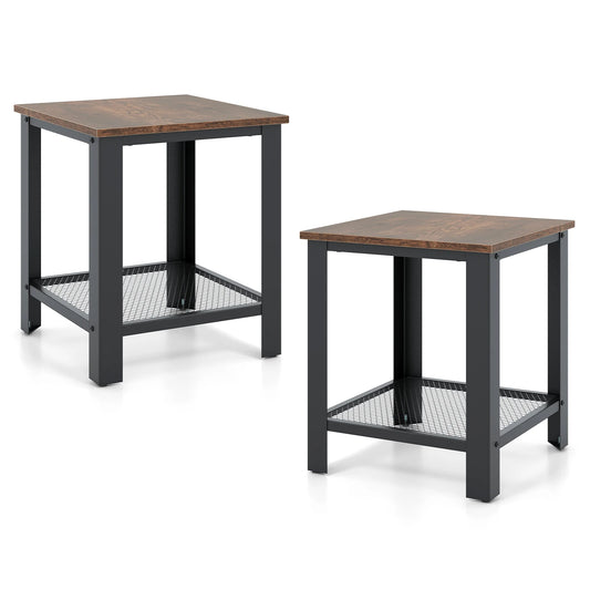 2-piece industrial end table set with storage shelf; dark gray metal frames, brown wood tops, mesh lower shelf.