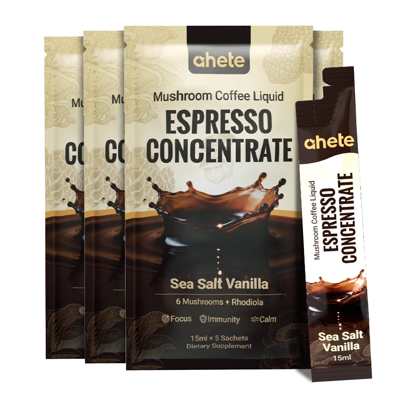 AHETE Mushroom Coffee Liquid Espresso Concentrate Sea Salt Vanilla, 4 pouches + 1 sachet, S And B Enterprise