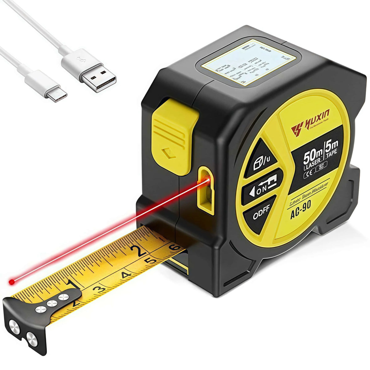 Digital-display laser tape measure; black and yellow housing with 50m steel tape and Yuxin logo