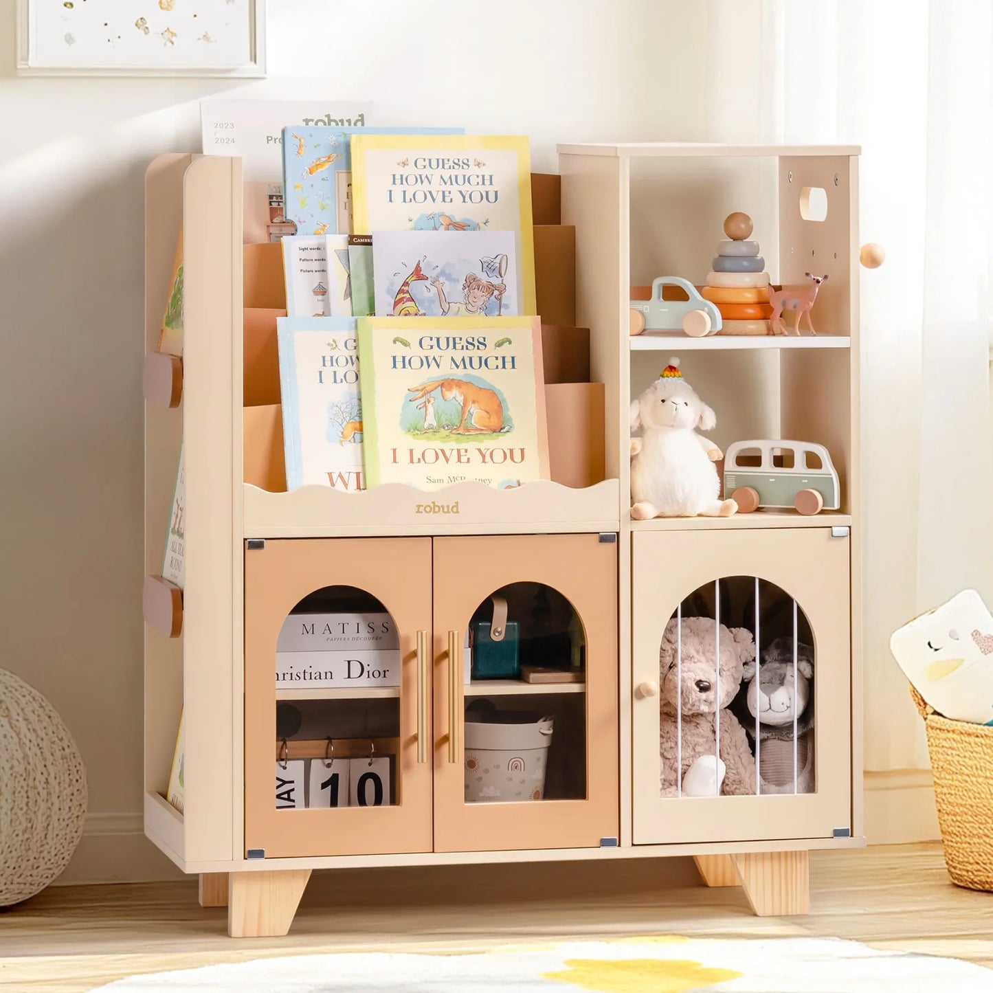Robotime Robud Kids Wooden Bookshelf All-in-1 Kids Toy Storage Organizer 6 Cubby Bookcases Toy Chest Finish Space-Saving Caramel by S And B Enterprise