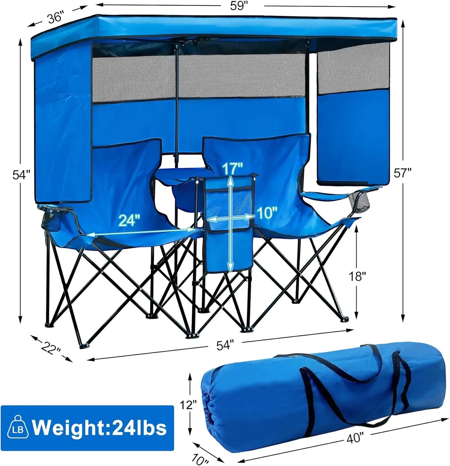 Double Beach Chair With Canopy Shade Folding Loveseat
