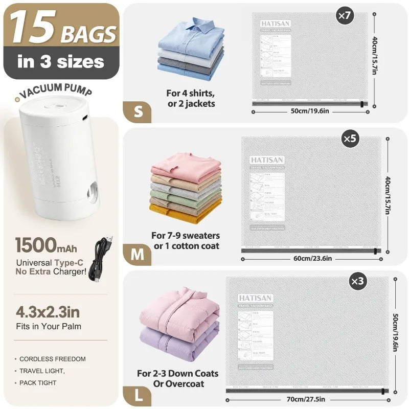 15 Pack Vacuum Bags for Travel with Rechargeable Air Pump, Compression Packing Bags for Luggage, Air Vacuum Bags with Rechargeable Pump, Reusable Space Saver Bags, Airtight Zipper Seal for Clothes Blankets Bedding Quilt, Vacu by S And B Enterprise