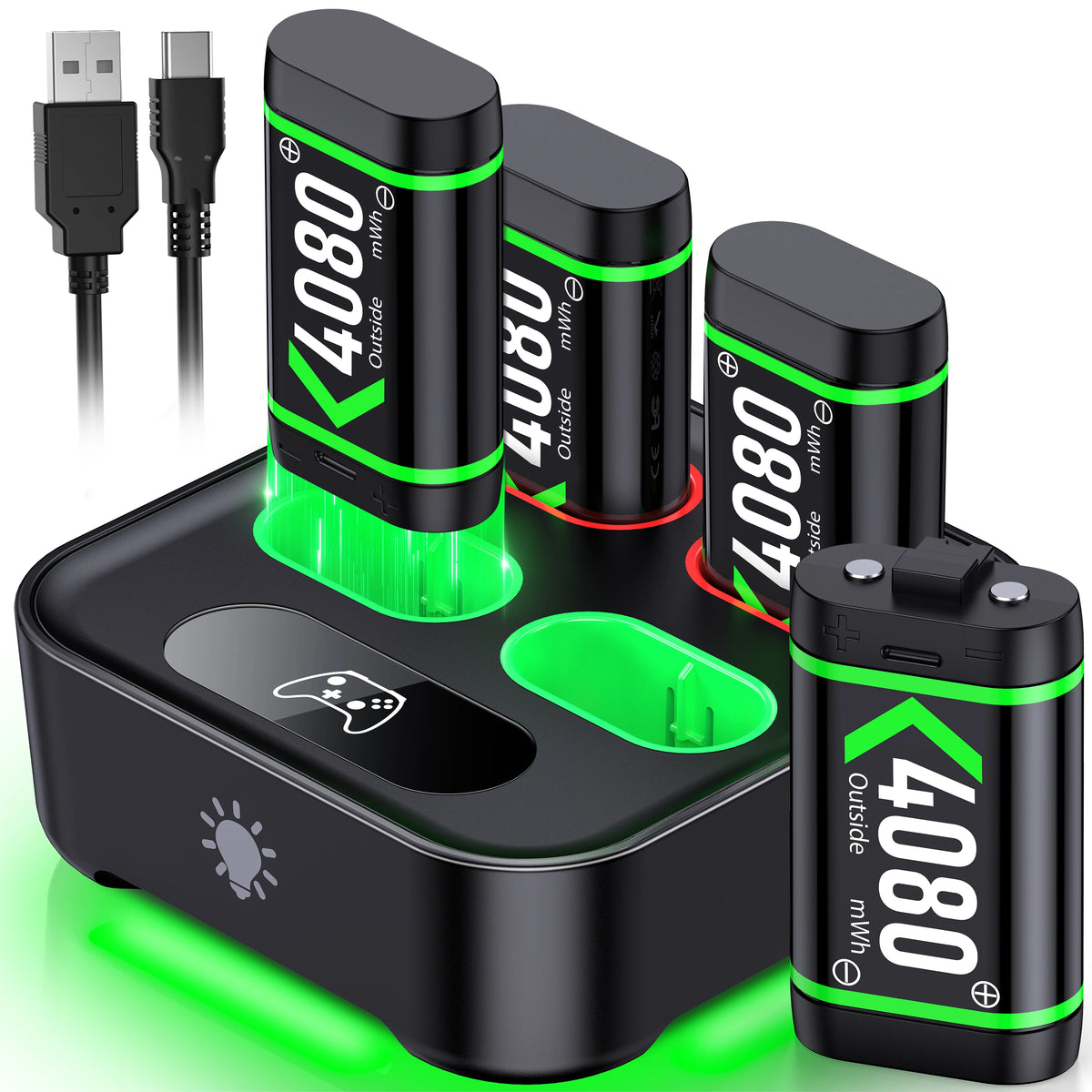 Rechargeable Xbox battery set for One/Series controllers; 4x3600mWh packs, black with green ring by S And B Enterprise
