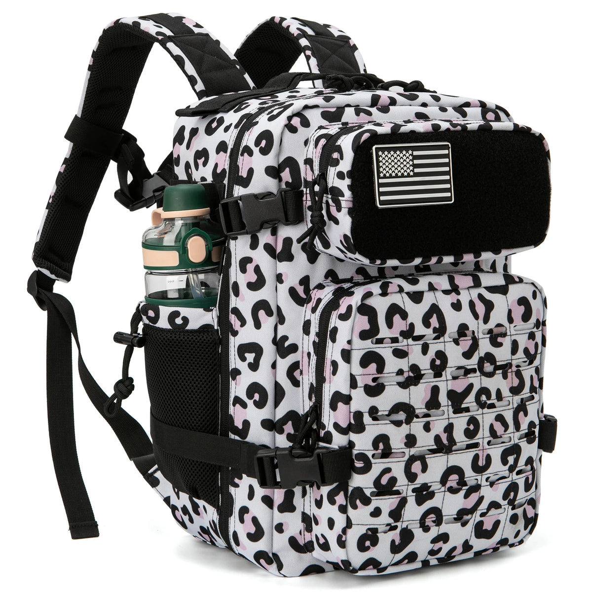 25L tactical backpack by S And B Enterprise with leopard-print camouflage, side water bottle pocket and US flag patch