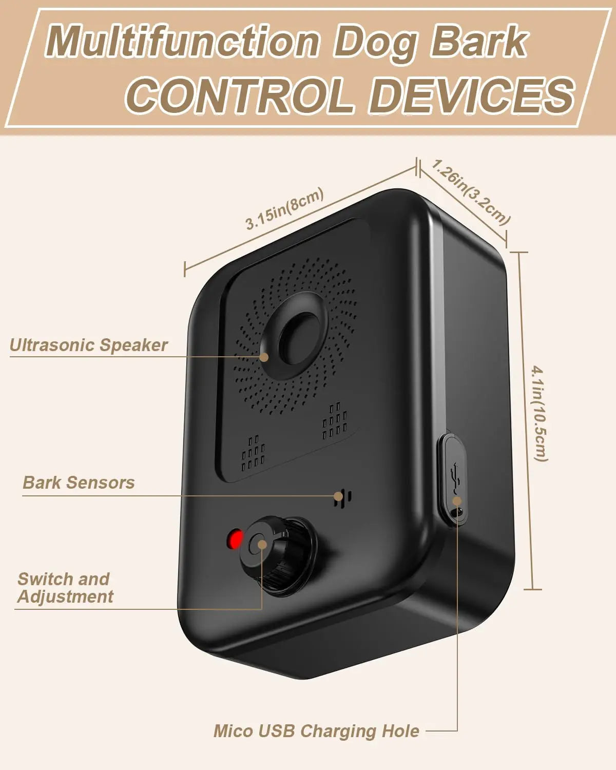 Black automatic dog bark control device; USB-rechargeable ultrasonic deterrent for indoor/outdoor use