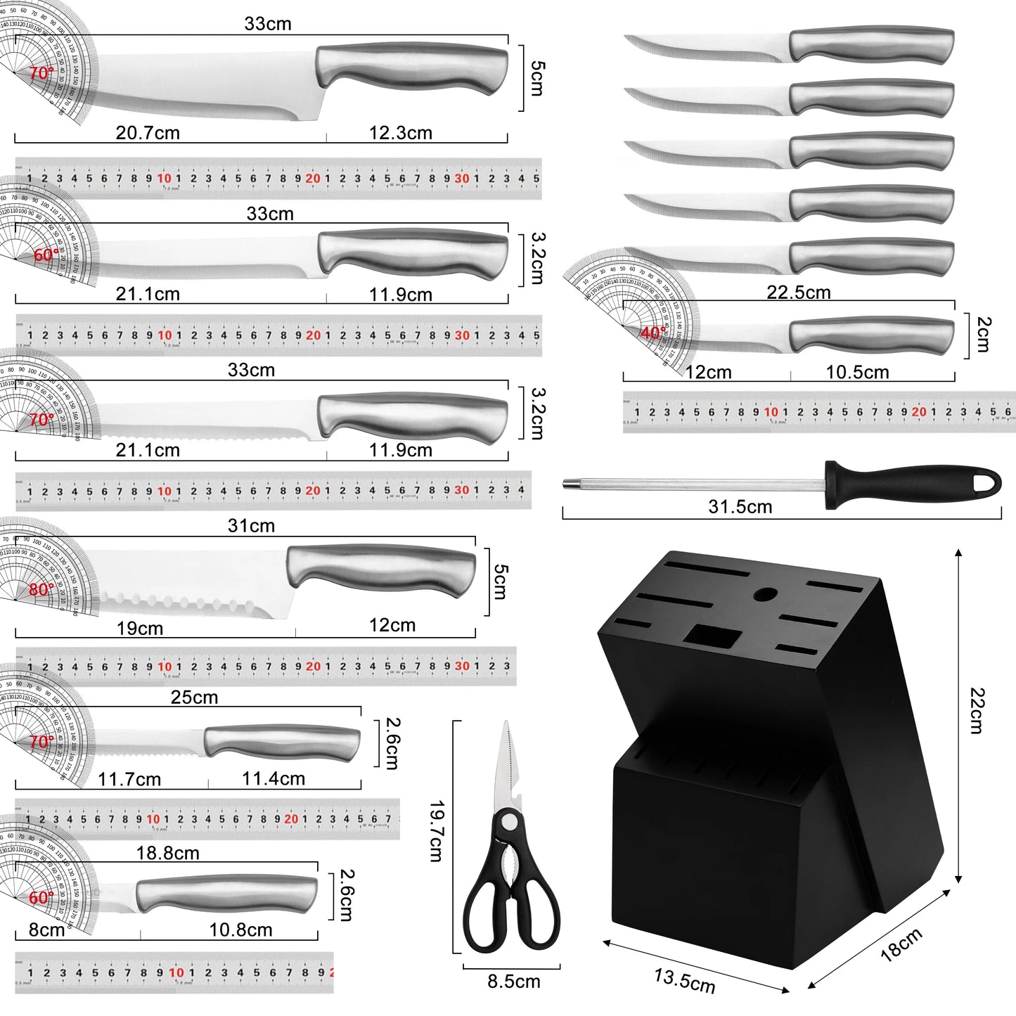 Stainless Steel Kitchen Knife Set With Block Sharpener Scissors by S And B Enterprise