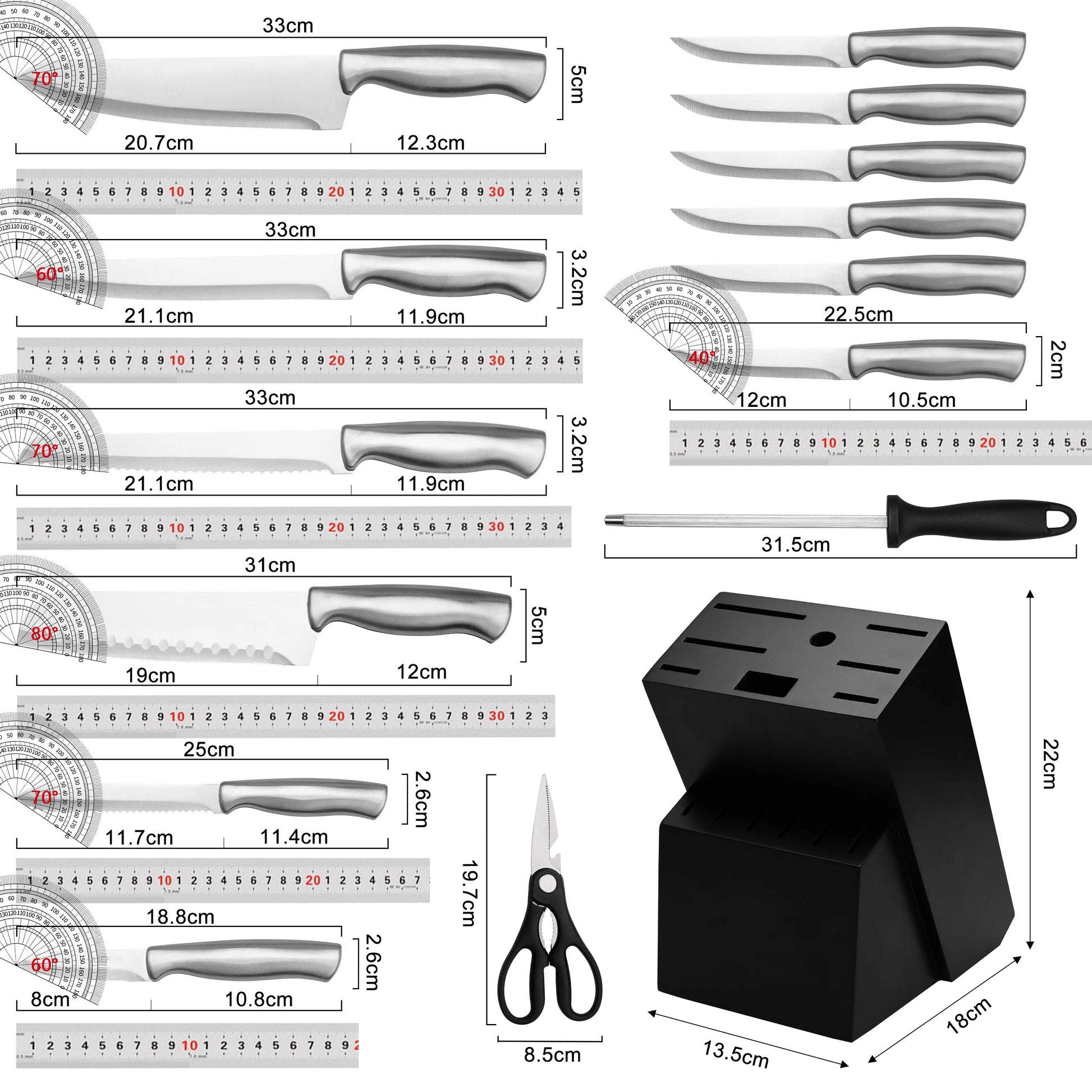Stainless Steel Kitchen Knife Set With Block Sharpener Scissors by S And B Enterprise