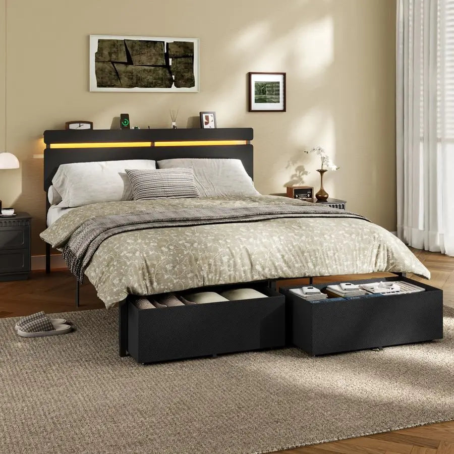 Vellivy Bed Frame With Wood Headboard And Storage Drawers