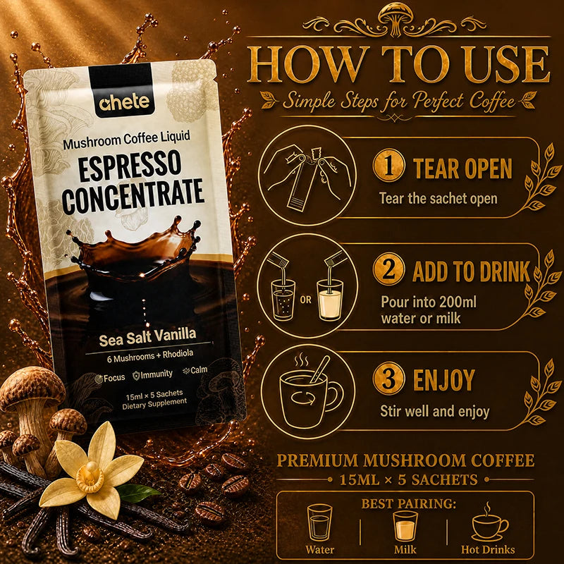AHETE Mushroom Coffee Liquid Espresso Concentrate, Sea Salt Vanilla flavor, 15 ml x 5 sachets, by S And B Enterprise.