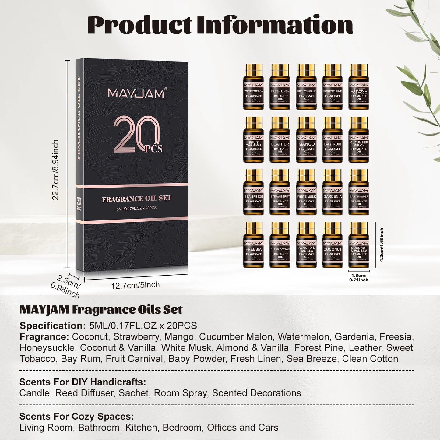MAYJAM Fragrance Oils Kit 20pcs Coconut Vanilla Watermelon White Musk