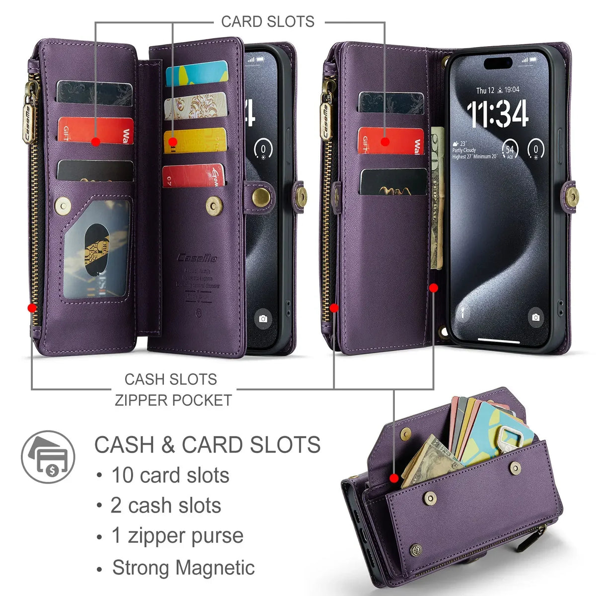 Purple S And B Enterprise crossbody wallet for iPhone 15–11 Pro Max with RFID, 7-card slots, zipper cash pocket