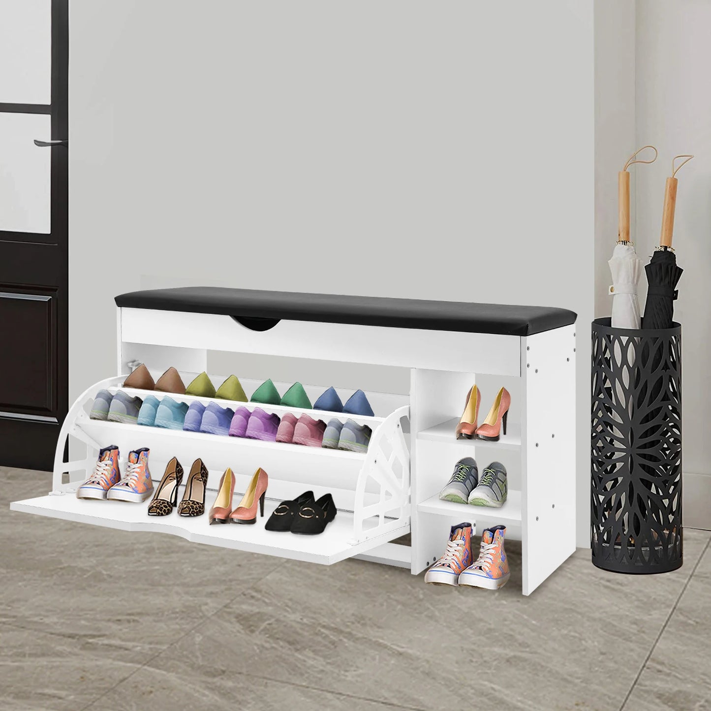 Three-Tier Shoe Bench With Cushioned Seat And Hidden Drawers