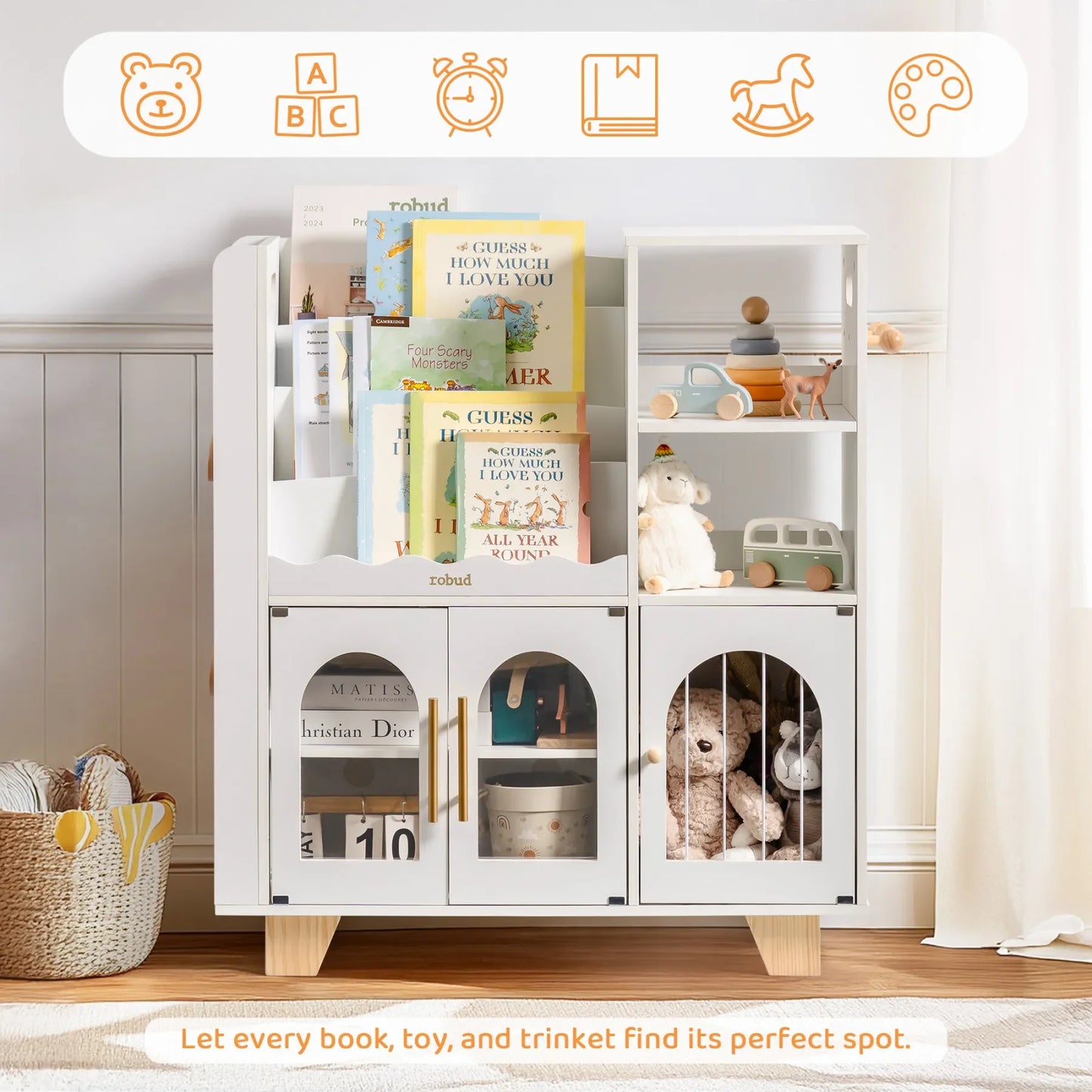 Robotime Robud Kids Wooden Bookshelf All-in-1 Kids Toy Storage Organizer 6 Cubby Bookcases Toy Chest Finish Space-Saving Caramel by S And B Enterprise