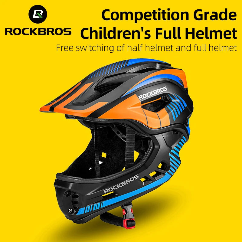 ROCKBROS child full-face bicycle helmet with detachable face guard in orange, black and blue