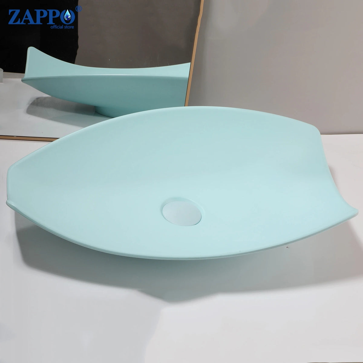 ZAPPO bathroom vessel sink, seafoam blue round above-counter washbasin with drain; ZAPPO logo visible in mirror.