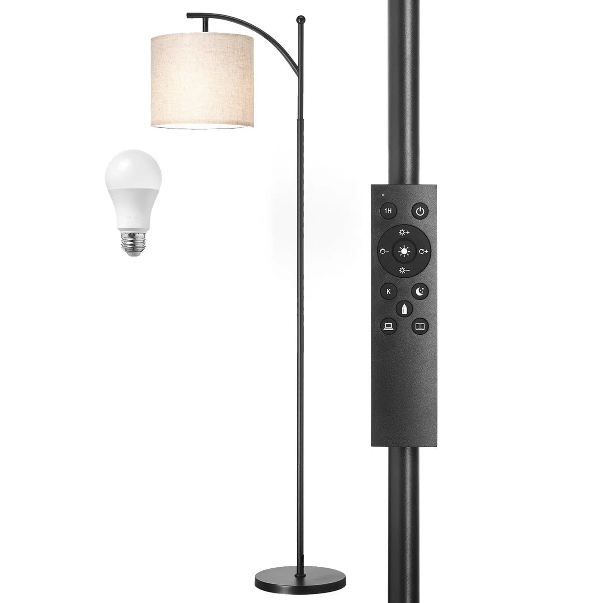 Dimmable floor lamp with adjustable color temperature, beige lampshade, remote control; LED bulb included