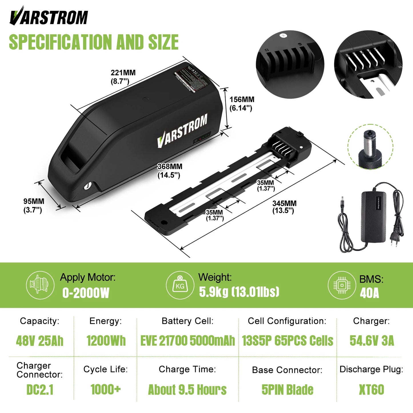 US Direct Hailong Battery Pack 48V 40A BMS Downtube 21700