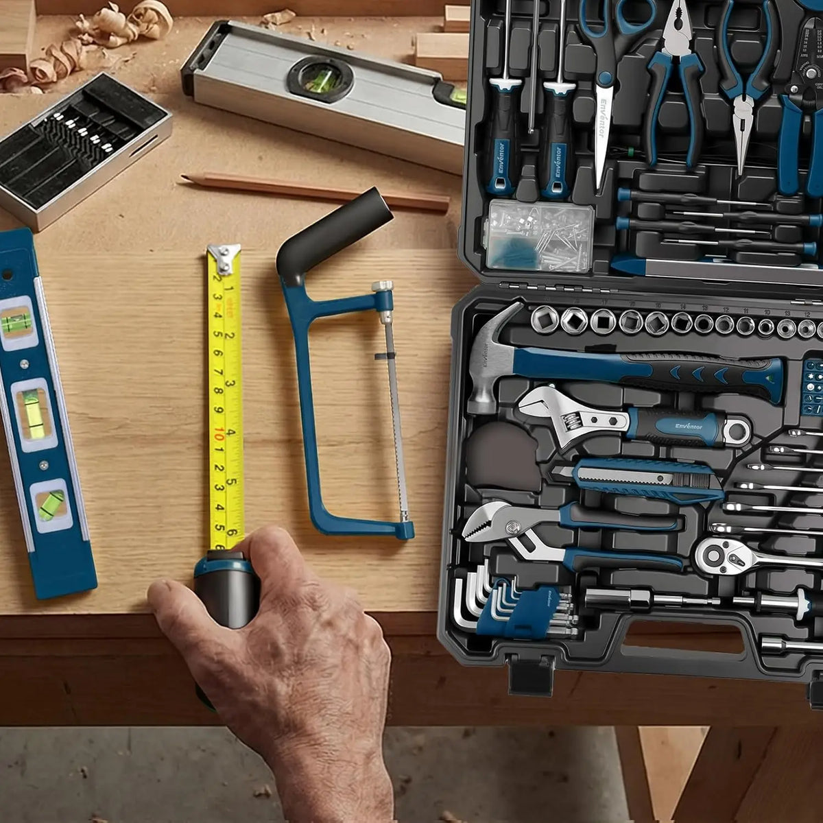 Enventor 220-piece blue tool set in a molded toolbox with wrenches, pliers, screwdrivers and a level.