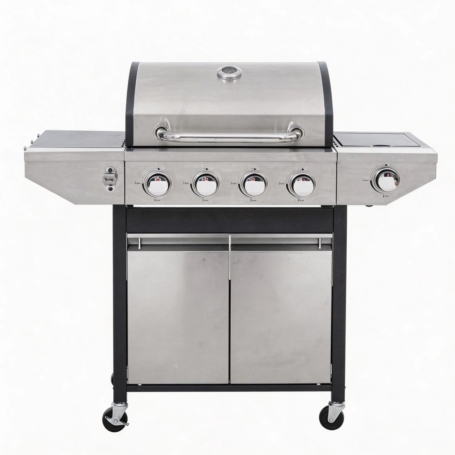 S And B Enterprise stainless steel 4-burner gas grill with side burner on a wheeled cart