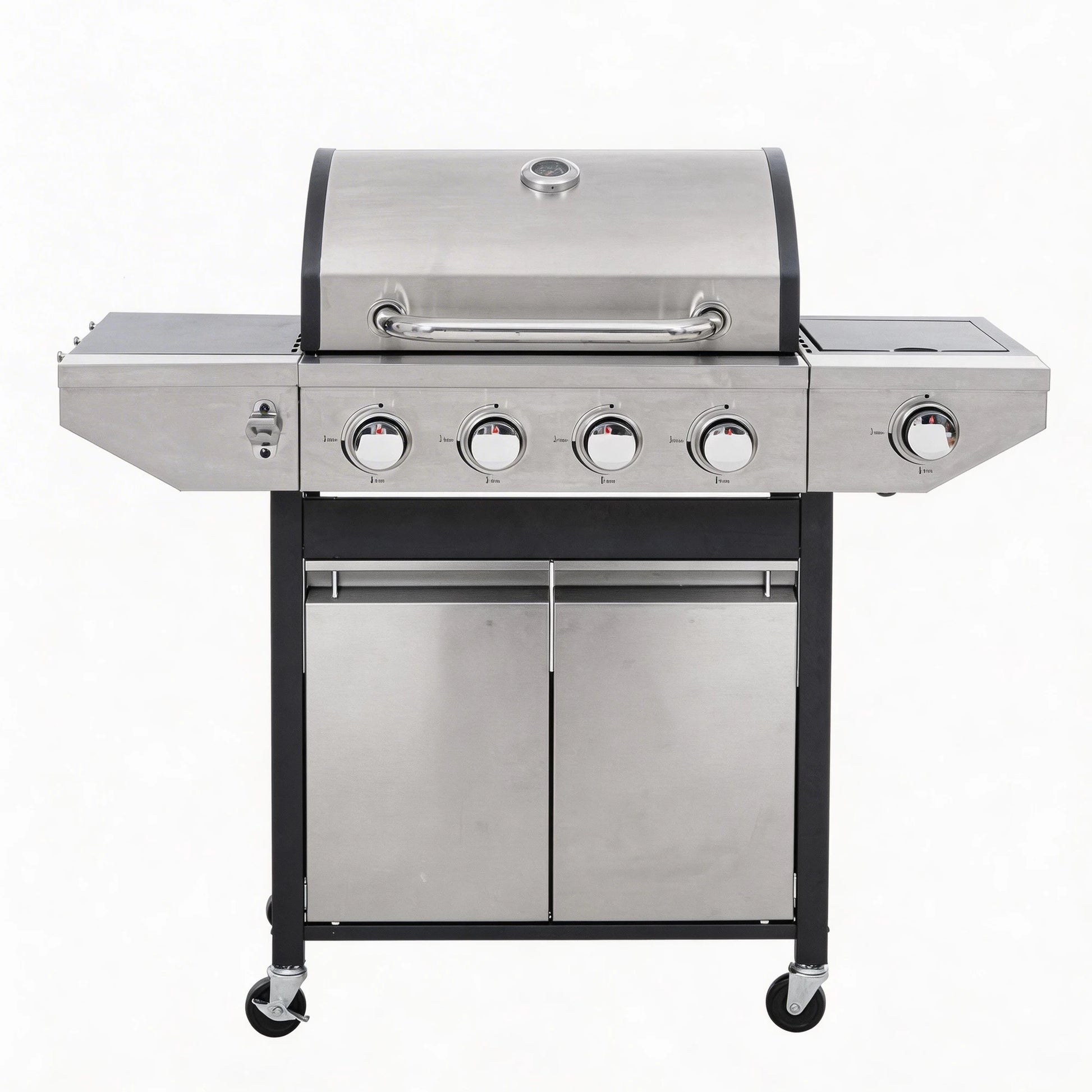 S And B Enterprise stainless steel 4-burner gas grill with side burner on a wheeled cart