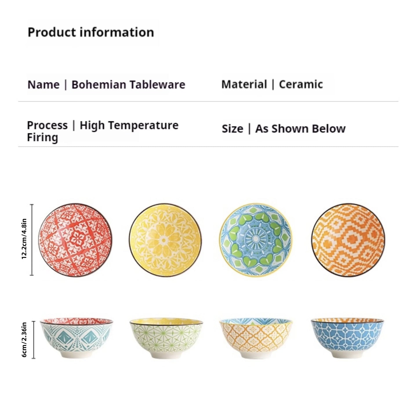 4-Piece Bohemian Ceramic Bowl Set - Salad, Dessert, Soup, Fruit, Appetizer & Snack Nut Bowls, Dishwasher & Microwave Safe by S And B Enterprise