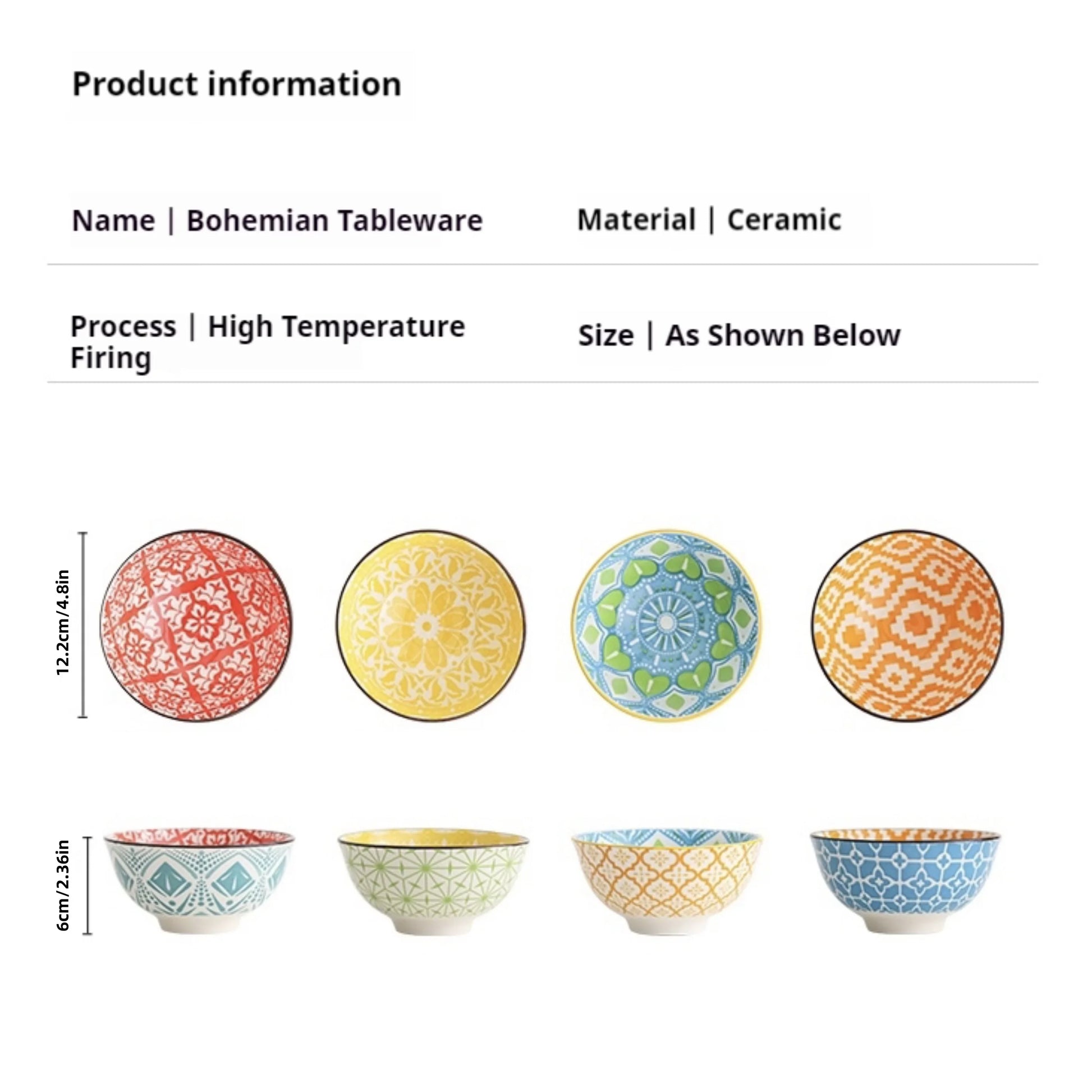 4-Piece Bohemian Ceramic Bowl Set - Salad, Dessert, Soup, Fruit, Appetizer & Snack Nut Bowls, Dishwasher & Microwave Safe by S And B Enterprise