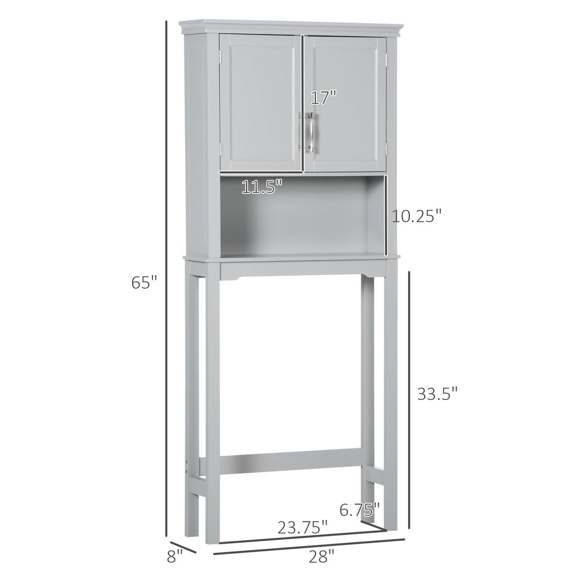 Kleankin grey over-the-toilet cabinet with double doors, adjustable inner shelf and open shelf by S And B Enterprise.