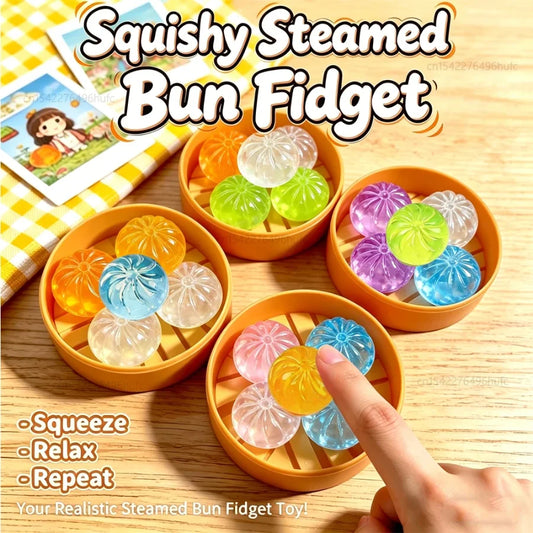 5Pcs Mini Dumplings with Steamer Bun Squeezable Toys Set Soft Stress Relief Crystal Squishy Fidget Sensory Toy Party Favors Gift by S And B Enterprise