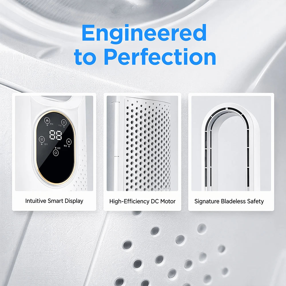 White bladeless desk fan and evaporative humidifier with 6 speeds; smart display, high-efficiency DC motor, bladeless safety