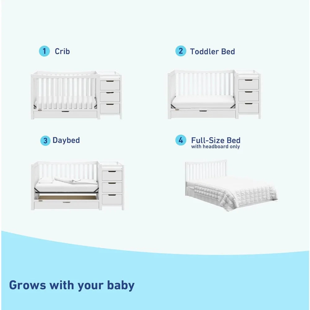 S And B Enterprise white 4-in-1 convertible crib with dresser; crib and dresser shown