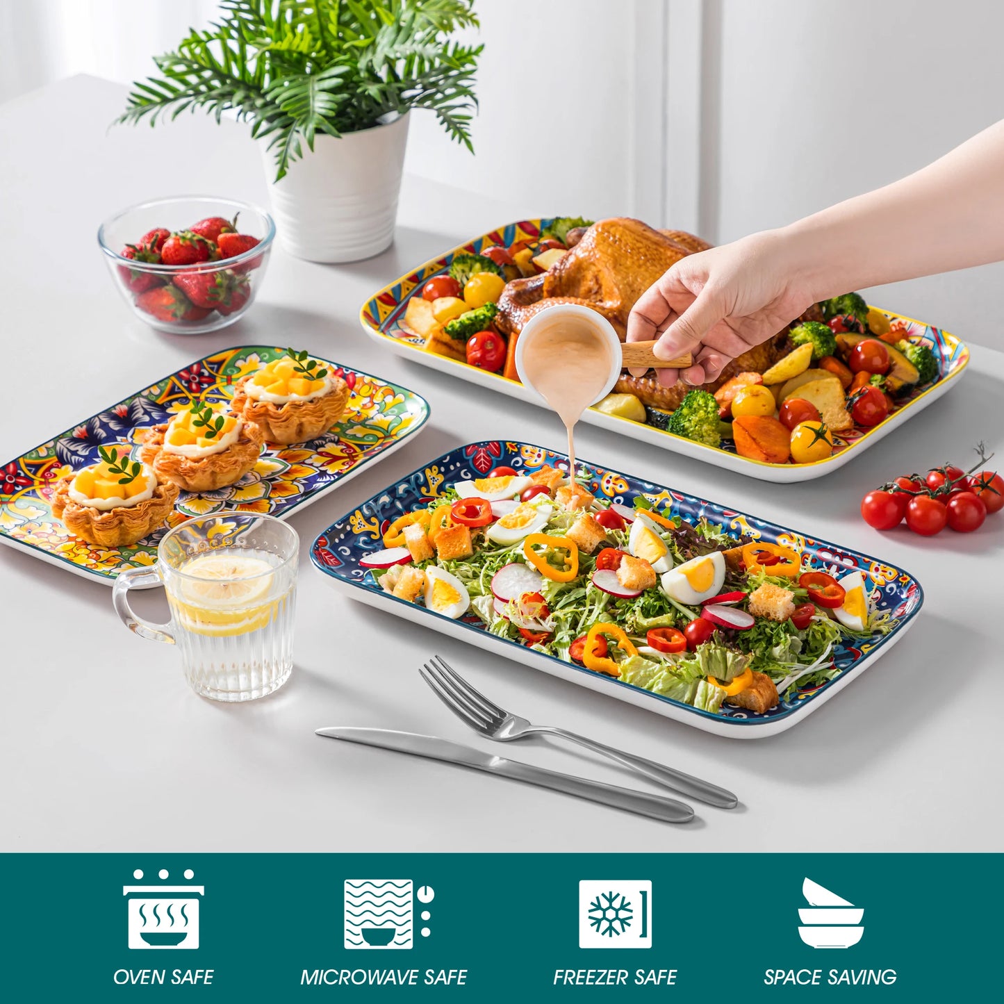 MALACASA Ceramic Rectangular Plates Set For Salad And Desserts