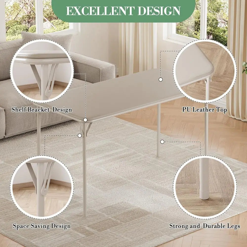 Portable folding card table by S And B Enterprise with beige PU leather top, anti-slip mat, and sturdy legs.