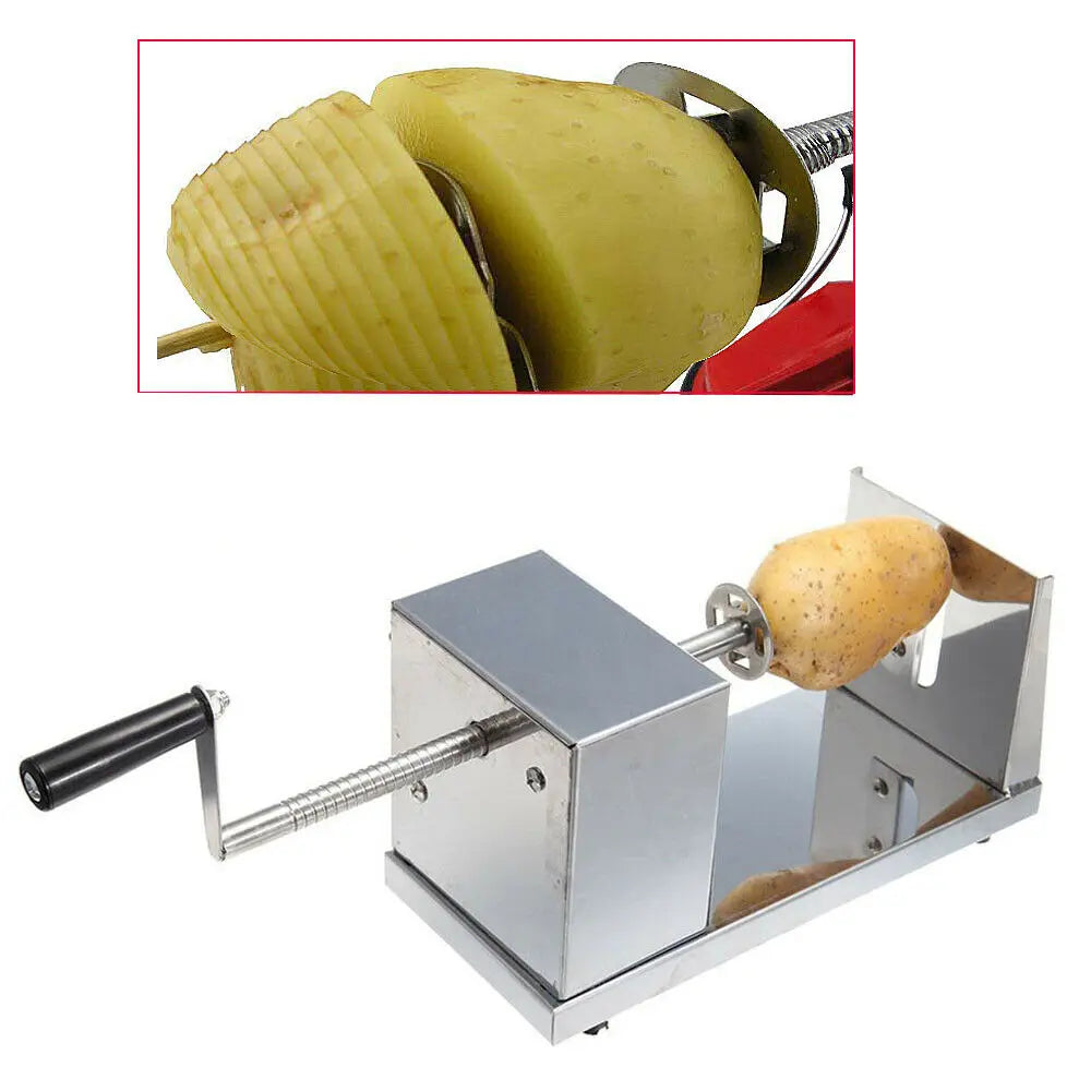 Stainless steel spiral potato cutter and chips maker with hand crank; kitchen fruit slicer
