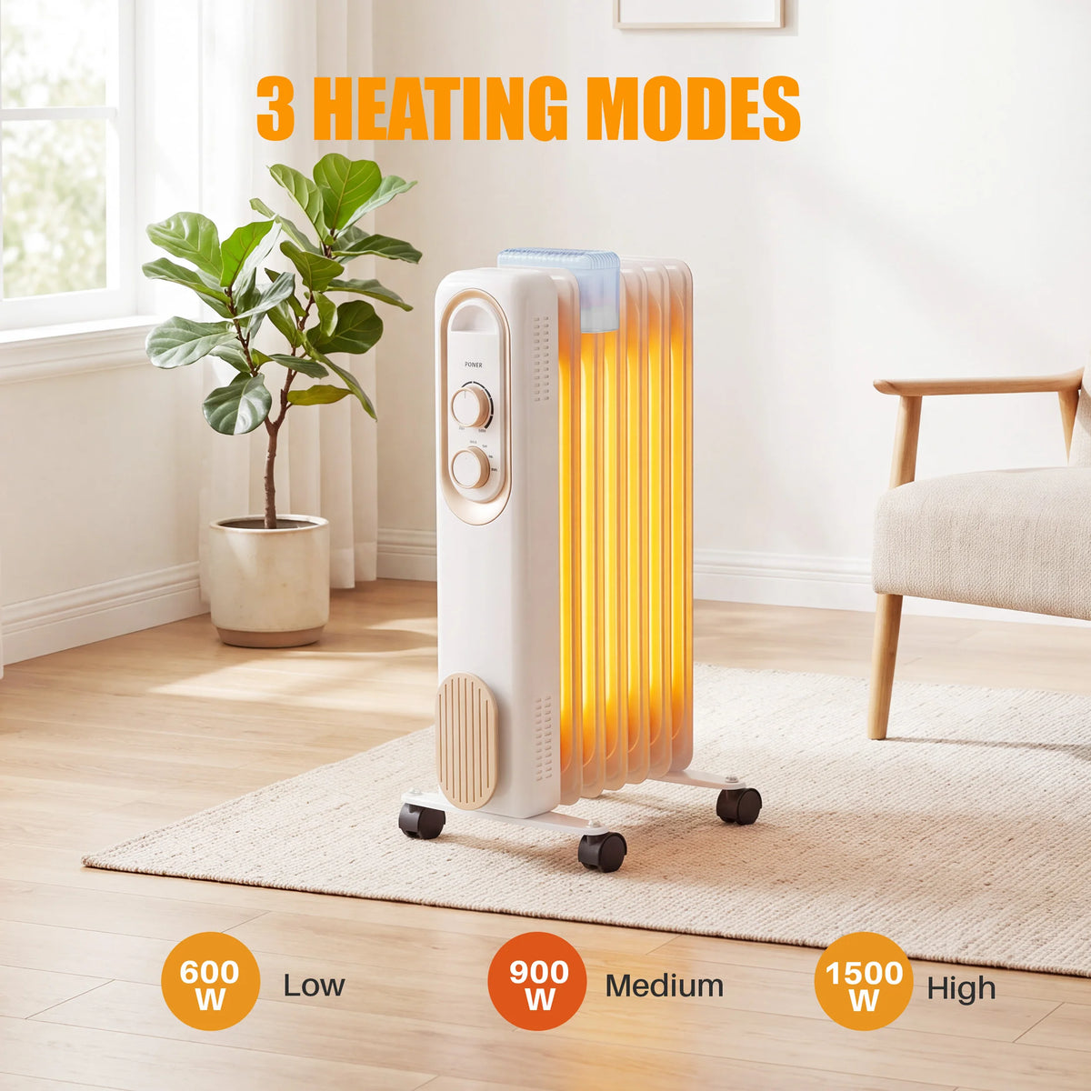 JHK 1500W oil-filled radiator heater, white with orange panels on wheels, three heat settings.