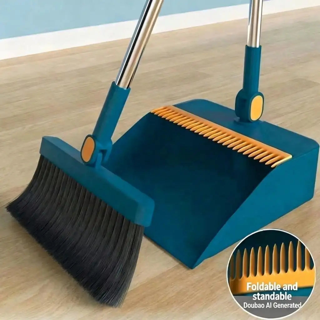 Broom And Dustpan Set, Blue, 2-Piece, 180 Degree Rotatable, Extendable Handle Up To 53 Inches, 4-Layer Thick Brush, Comb Teeth, Folding Storage by S And B Enterprise