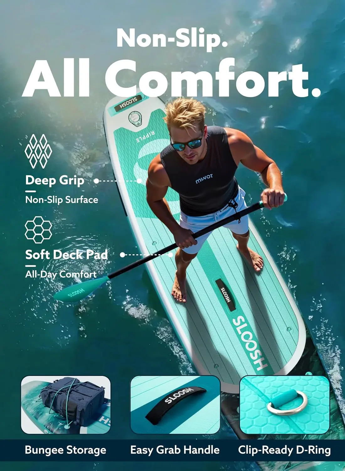 Inflatable stand up paddle board in teal with non-slip EVA deck for adults, by SLOOSH, with paddle